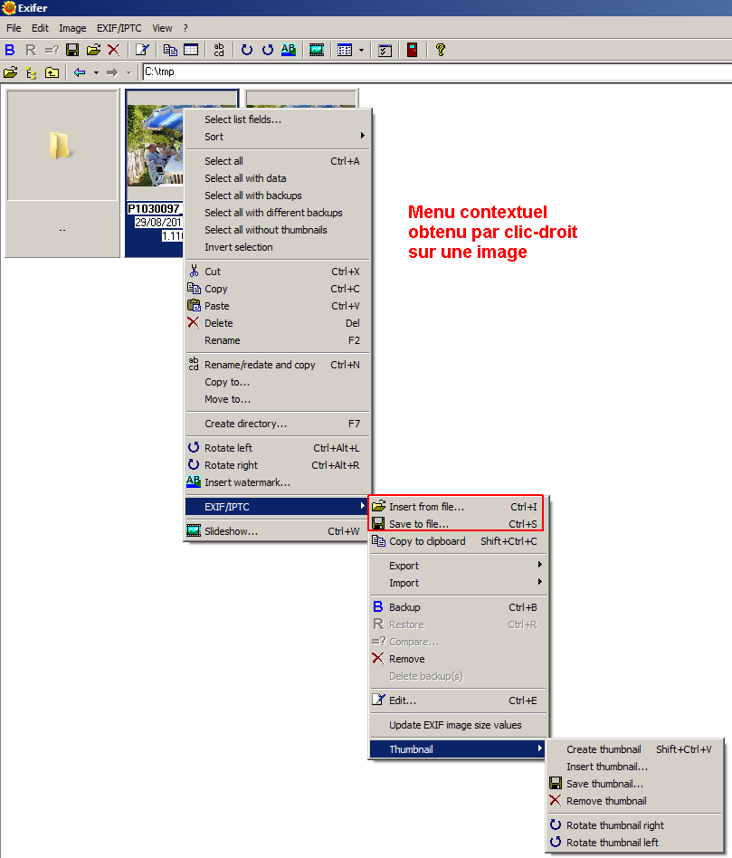 menu contextuel Exifer